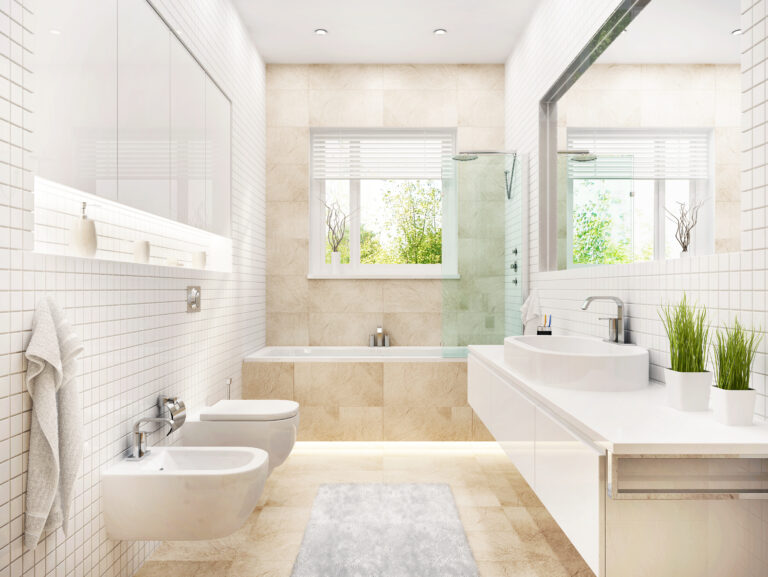 Современная,белая,ванная,комната,с,ванной,и,окном.,3d,рендеринг